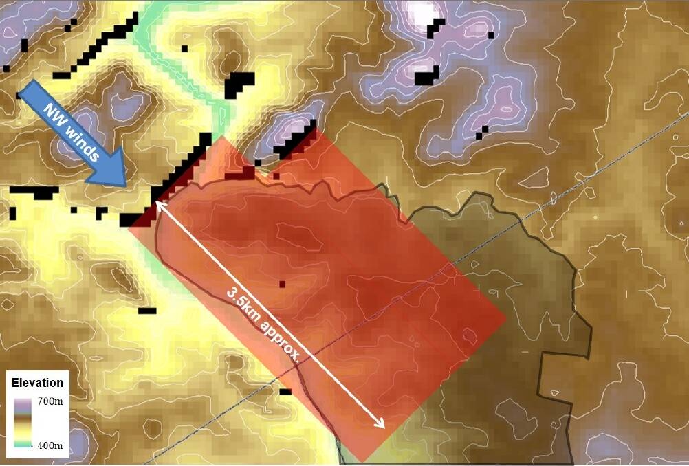Black pixels show steep lee-facing slopes (assuming NW winds), which would be prone to extreme fire behaviour under strong winds. The red shading provides a conservative estimate of where embers originating from lee-facing slopes would fall under extreme fire danger conditions. Photo: UNSW Canberra