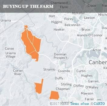 A map showing the rural blocks bought by the government in 2015-16, including Huntly in the north, across the river from the new Ginninderry suburban development.