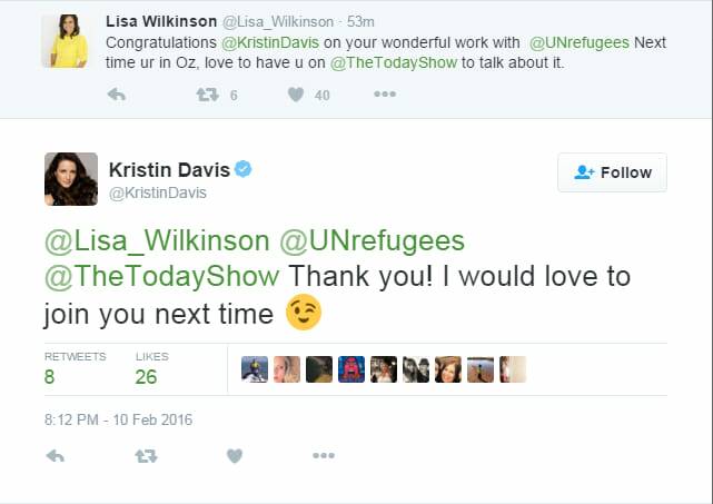 Kristin Davis sent Lisa Wilkinson a 'winky' emoji on Twitter after her train wreck turn on rival <i>Sunrise</i>. Photo: Twitter