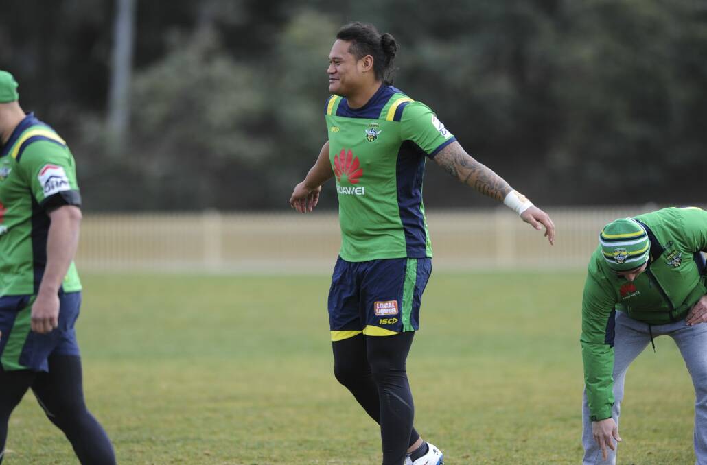 Ready for takeoff: Raiders recruit Joey Leilua is 18th man for Saturday's game against the New Zealand Warriors. Photo: Graham Tidy