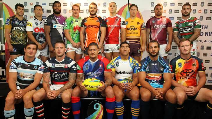 Odd man out ... Luke Bateman (back row, fourth from left) at the Auckland Nines launch. Photo: Jonathan Ng