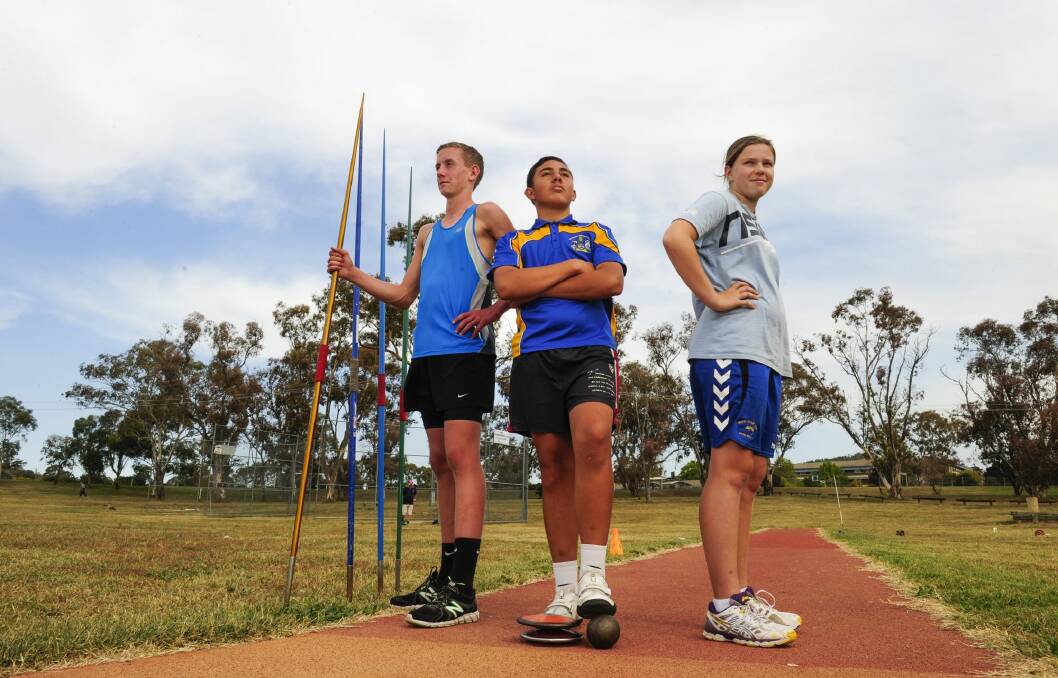 Joseph Kremer,15, of Goulburn, Taumasina Amon,13, of Michelago and Kiarna Woolley-Blain,12, of Merimbula will represent the ACT at the Australian Little Athletics Championships in Perth. Photo: Melissa Adams