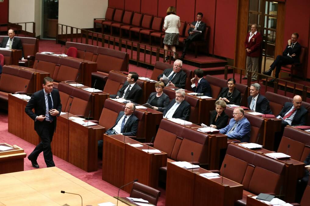 Several government senators side with senator Cory Bernardi during a division. Photo: Alex Ellinghausen