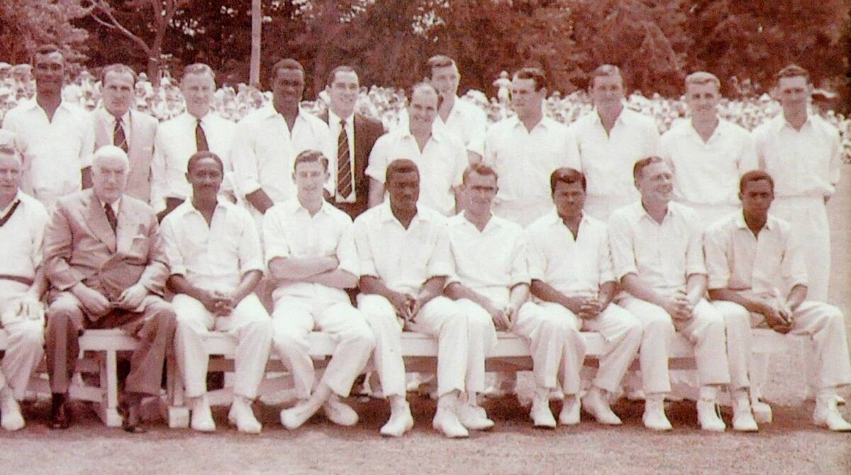 The 1961 Prime Ministers XI, with Canberra's John Cope, second from right in the back row, standing next to Richie Benaud,