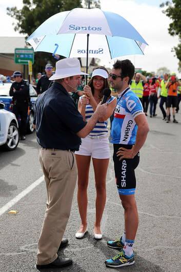 Nathan Haas is interviewed during the Tour Down Under. Photo: Getty Images
