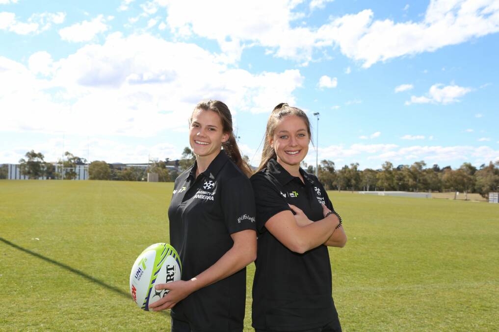 University of Canberra sevens players Darcy Read and Sarah Carter. Photo: University of Canberra