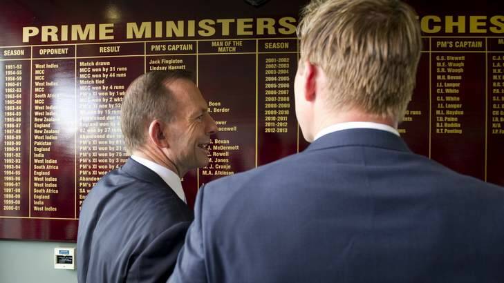 Prime Minister Tony Abbott at Manuka Oval to announce that former Australian test Cricket player Brett Lee will captain of the Prime Ministers XI. Photo: Jay Cronan