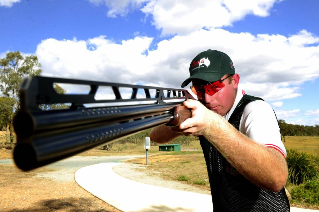 Double trap competitor James Willett, of Mulwala, training at the Majura Park Gun Club in Canberra. Photo: Melissa Adams