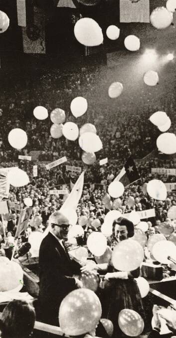 Senator Barry Goldwater and wife Peggy, along with GOP convention delegates, are showered with balloons at San Francico's Cow Palace when the Republican presidential nominee arrived for his acceptance speech in July 1964.