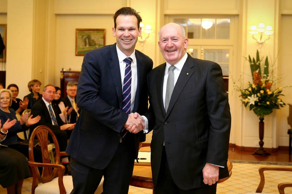Matt Canavan at his swearing in as resources and Northern Australia Minister in 2016. He quit cabinet last week over citizenship confusion.  Photo: Alex Ellinghausen