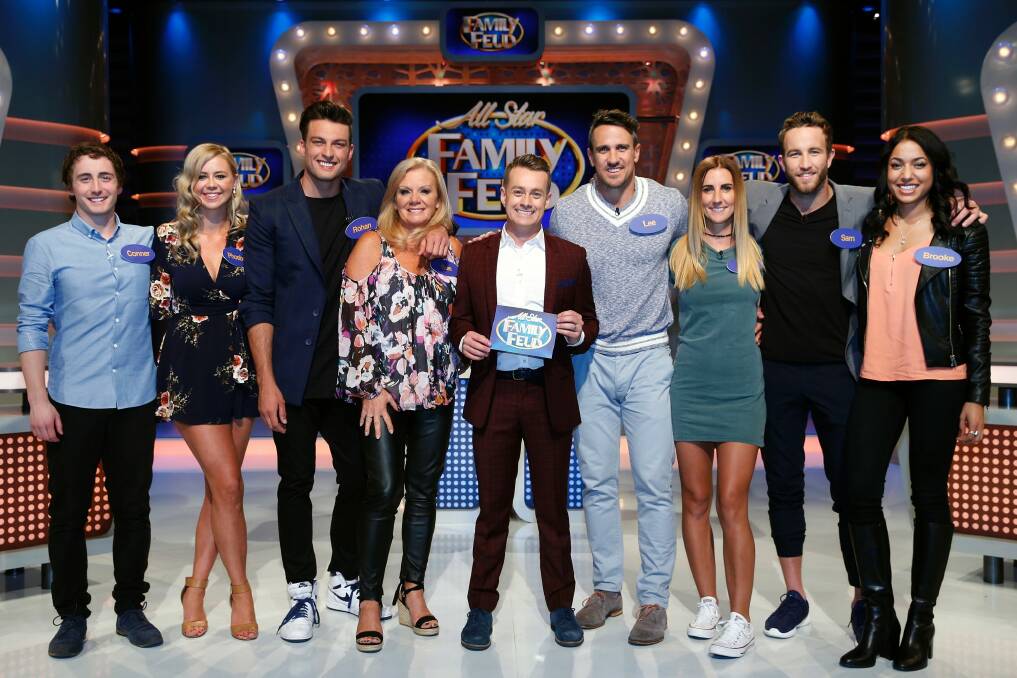Conner Bethune, far left, with fellow Australian Survivor contestants on All Star Family Feud. Photo: Supplied
