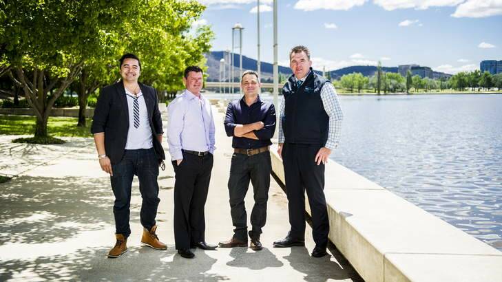Stephen Rockmann, Peter Taylor, Nick Nonas and Owen Finegan who are staging a two-day event by the lake to raise money for the Snowy-Hydro Helicopter. Photo: Rohan Thomson
