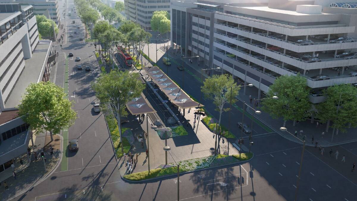 An artists' impression of the Alinga Street light rail stop from the air. There will be several road closures in Canberra for light rail works. Photo: ACT Government