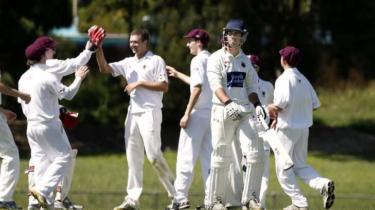 Wests/ UC players celebrate after Eastlake batsman Adam Tett, 2nd on right, is caught out during the match at Jamison Oval. Photo: Jeffrey Chan