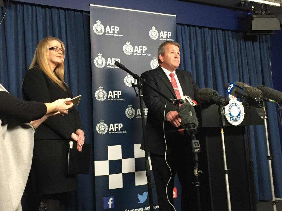 Meg Brighton, deputy director-general of the ACT Education Directorate, and Detective Acting Superintendent Marcus Boorman address a press conference regarding the allegations of a child pornography ring involving Canberra schools. Photo: Karen Hardy