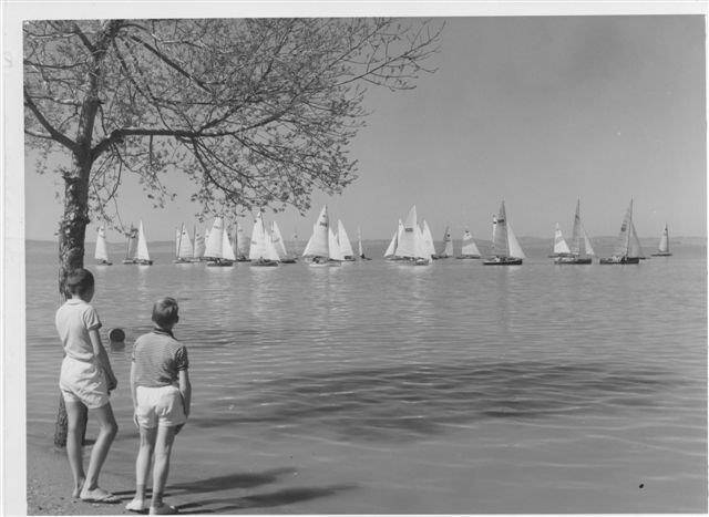 Moths and Minisails racing on Lake George in the Canberra Yacht Club's opening regatta on October 1, 1961. Photo: Tim the Yowie Man