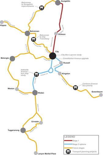A map showing the proposed route of the Canberra light rail. Photo: Supplied