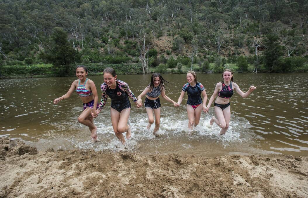 Erica McGlashan of Pearce (right) celebrates her 13th birthday with firneds, (from left) Simone Matthews of O'Malley, Emma Loaney of duffy, Jasmin Robinson of Kambah and Ashleigh Dalton of Gowrie.  Photo: karleen minney