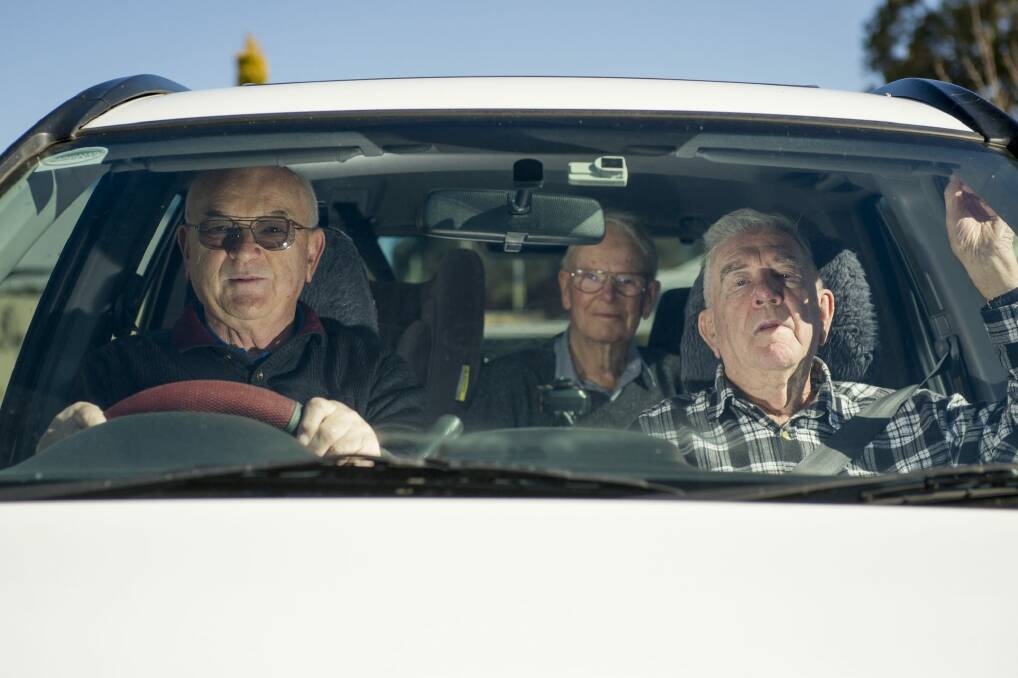 Elderly drivers Terry Stewart, Murray Bromfield and Greg O'Neill take a drive. Photo: Jay Cronan
