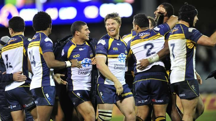 The Brumbies celebrate their historic win against the British and Irish Lions. Photo: Melissa Adams