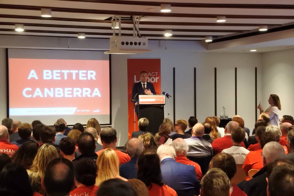 Andrew Barr tells supporters and politicians why Labor should be returned for its fifth straight term at the election launch on Saturday.  Photo: Matthew Raggatt