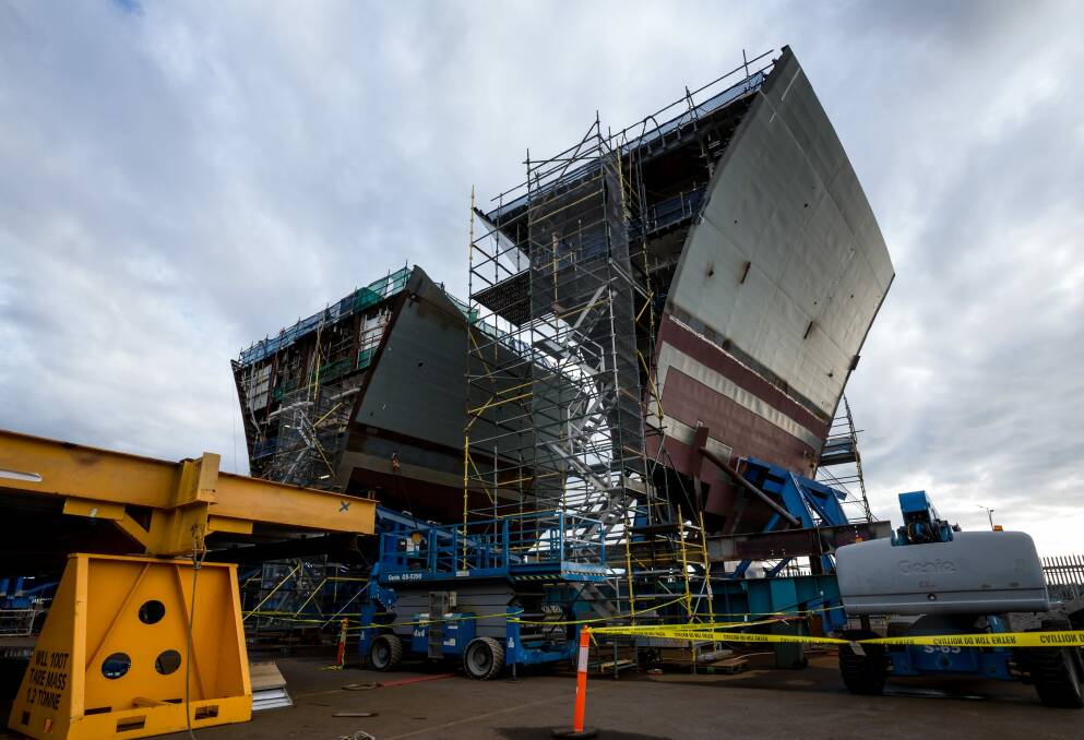 An air warfare destroyer stands under construction at the ASC Ltd. shipyard in Adelaide in 2016. Photo: MARK DADSWELL