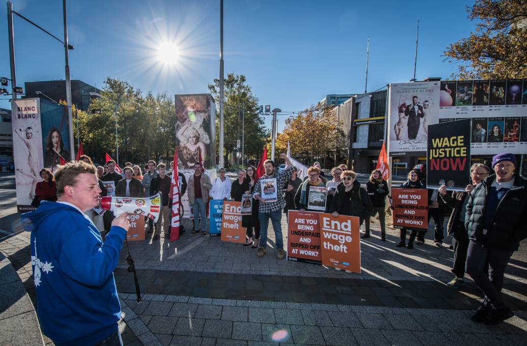 The CFMEU holding a fair wage protest outside the ACT Legislative Assembly last year. The union has been accused of pressuring workers to join.  Photo: Karleen Minney