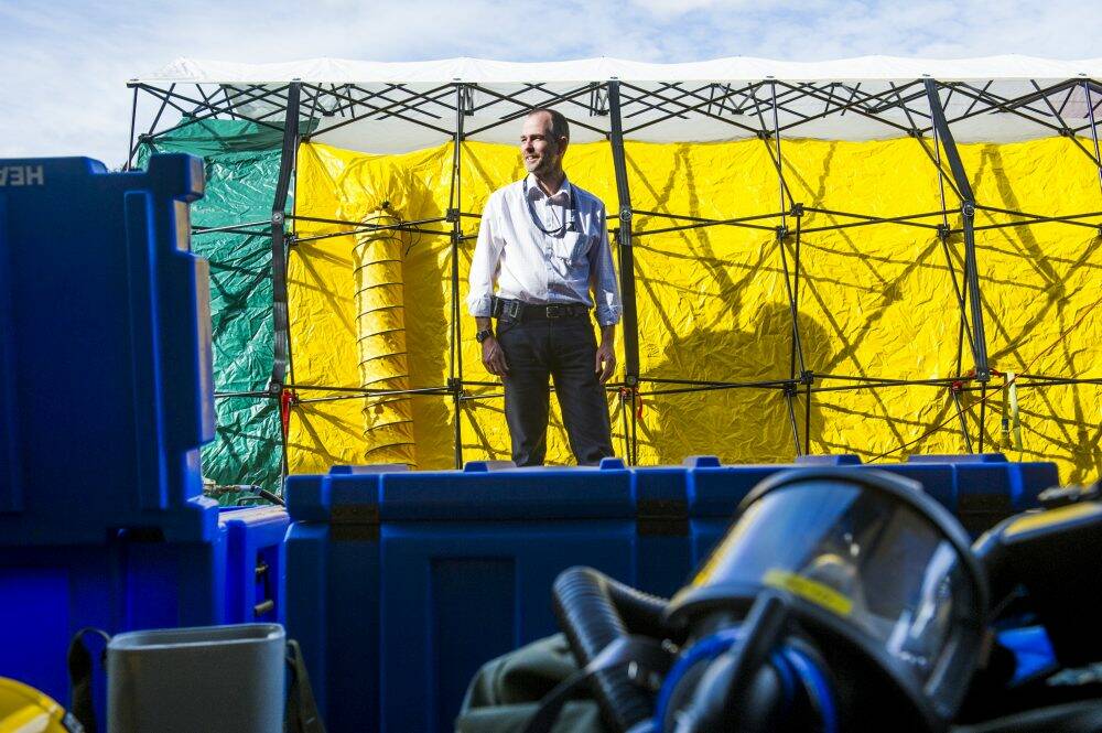 Co-director of the emergency department at Calvary, Matt Luther, inside the department's decontamination unit. Photo: Rohan Thomson