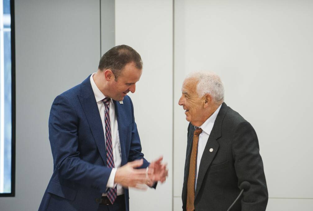 Chief Minister Andrew Barr congratulates new Liberal Val Jeffery after Mr Jeffery's maiden speech. Photo: Elesa Kurtz