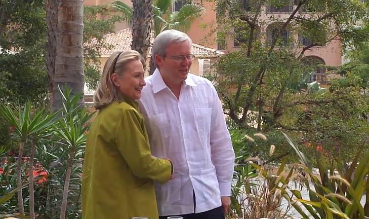 As Julia Gillard faces leadership questions in Australia, Mr Rudd is in Mexico at a G20 meeting. He posted a video of himself and Hillard Clinton today.
