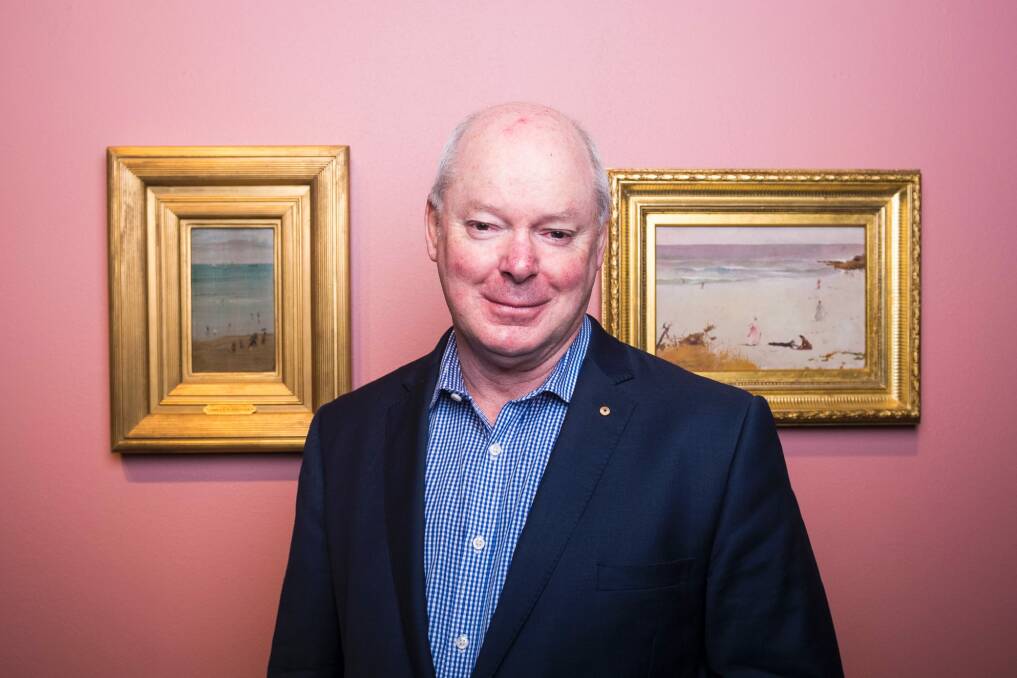 NGA director Gerard Vaughan with James A. Whistler's Harmony in blue and Pearl: The Sands, Dieppe 1885 over his right shoulder. Photo: Dion Georgopoulos