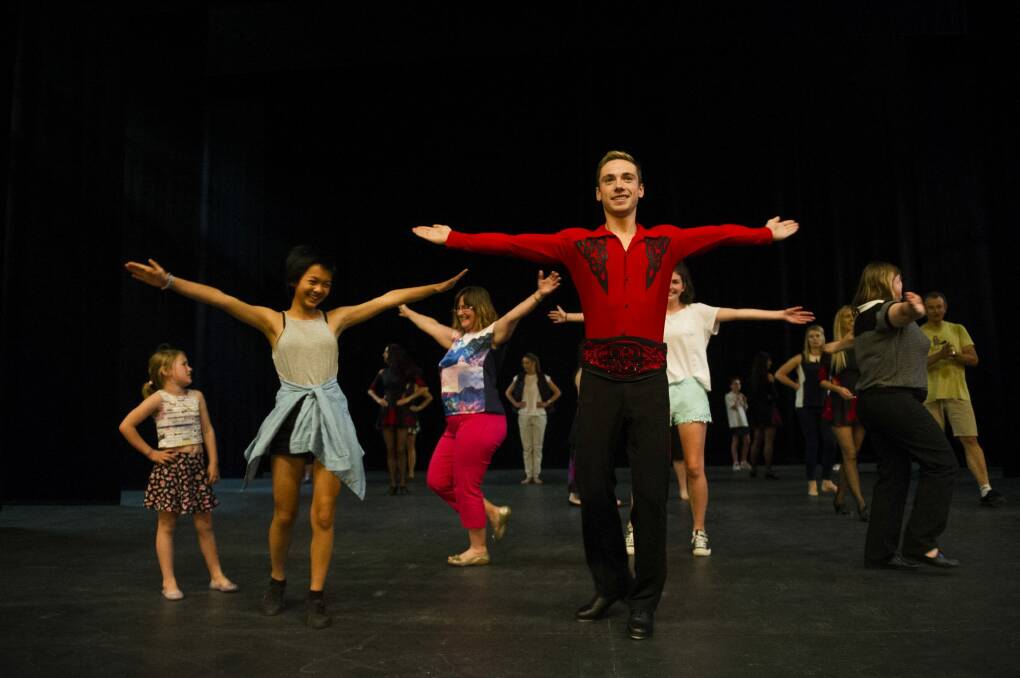 News
Members of the Lord of the Dance troupe teach Irish dancing to competition winners at the Canberra Theatre on Tuesday afternoon.

(L-R) Eva (5), Natalie (13), Michelle, and Liana (16) Hart, Melany Laycock, with head dancer, Cathal Keaney. 

6 October 2015
Photo: Rohan Thomson
The Canberra Times Photo: Rohan Thomson