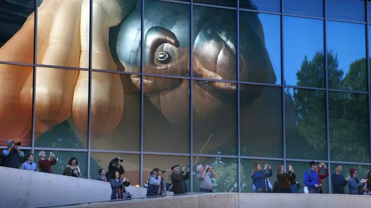 Crowds watch the launch of former Canberra artist Patricia Piccinini's work Skywhale at the National Gallery of Australia. Photo: Jeffrey Chan JCC