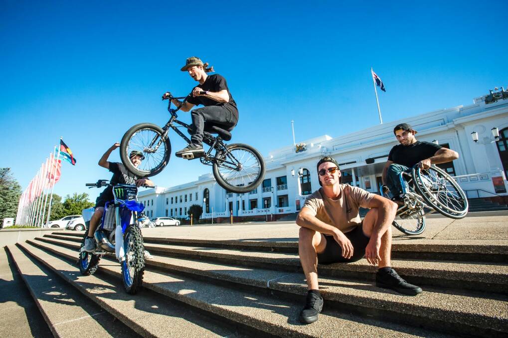 Jarryd McNeil, Kurtis Downs, Canberra's Harry Bink and Aaron 'Wheelz' Fotheringham hit the steps of Old Parliament House ahead of Saturday's world premiere. Photo: Sitthixay Ditthavong