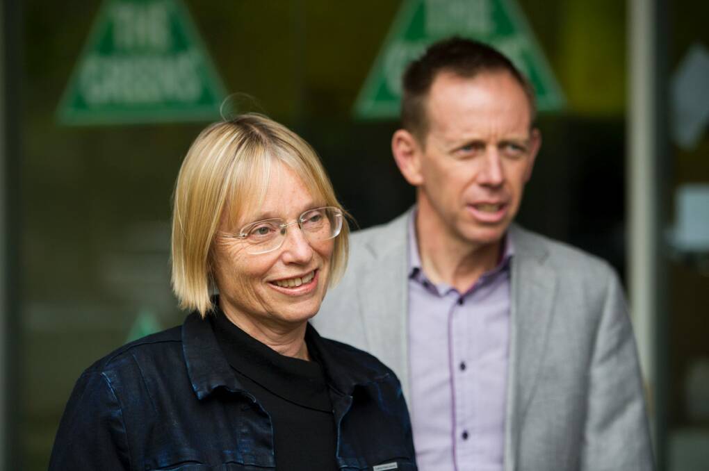 Greens Party member Caroline Le Couteur and Greens Party Leader Shane Rattenbury on Saturday after the final results were tallied. Photo: Jay Cronan