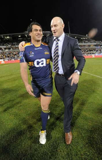 Brumbies great Stirling Mortlock, right, with George Smith. Photo: Graham Tidy