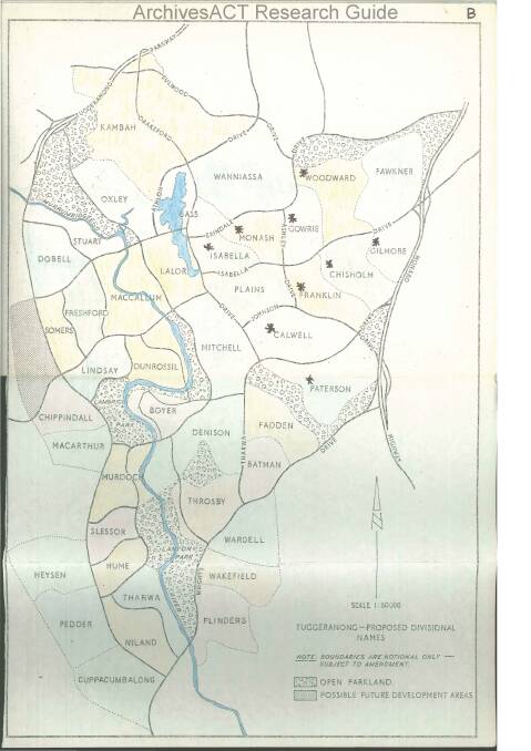 This plan of proposed suburb names of Tuggeranong shows the Tuggeranong Parkway running to the west of Kambah and suburban development on the western side of the Murrumbidgee River. Photo: Courtesy of ArchivesACT