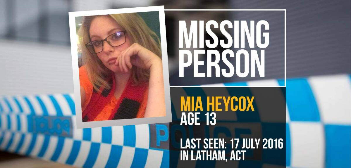 Police hold concerns for the welfare of Mia Heycox who was last seen by her family in Latham on Sunday. Photo: Supplied