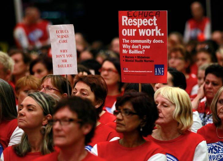Nurses vote on industrial action during their EBA negotiations in Melbourne in 2011. Photo: Angela Wylie