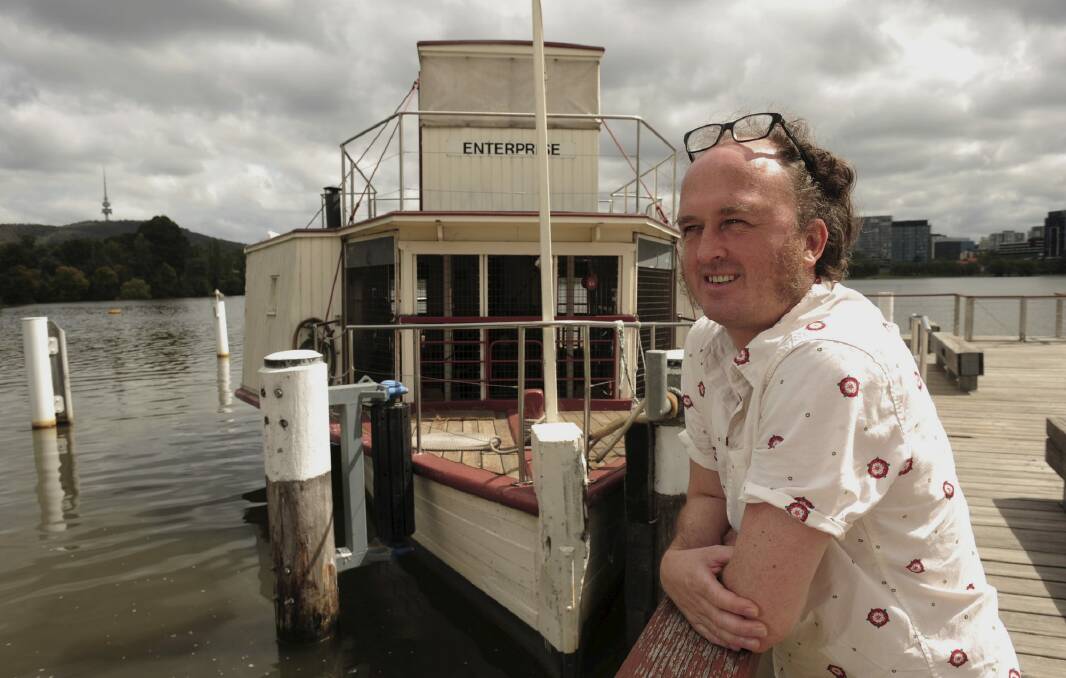 Artist in residence at the National Museum of Australia, Vic
McEwan of Naranderra NSW, in front of the paddle steamer Enterprise. Photo: Graham Tidy