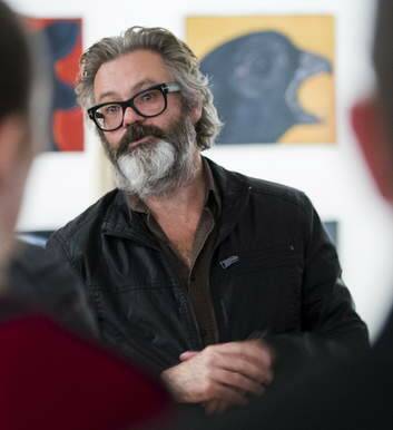Paul McDermott speaks to ANU school of Art students at his exhibtion, <em>The Dark Garden</em>, at M16 Artspace in Griffith. Photo: Rohan Thomson