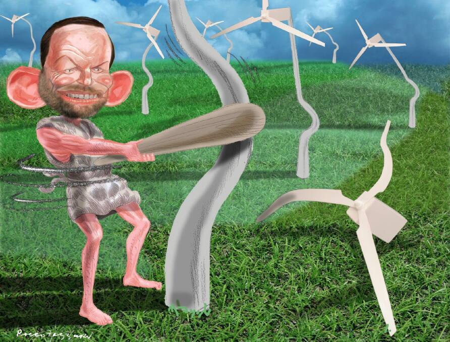 Tony Abbott and wind turbines. Photo: Rocco Fazzzari