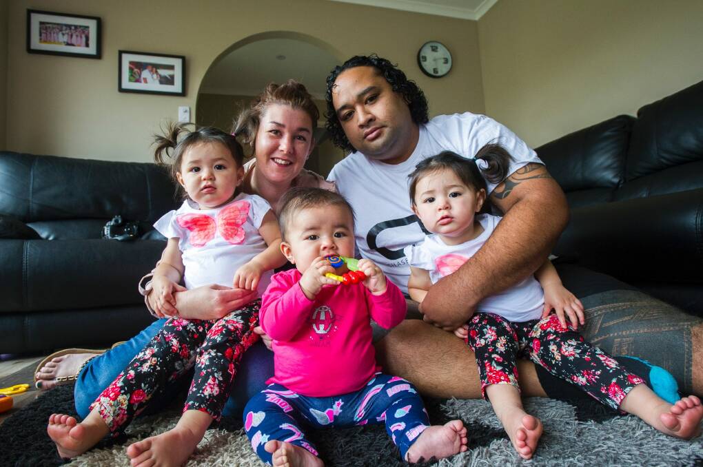 This Canberra family is pleased with the healthcare and childcare announcements  included in the 2017 federal budget. Bec Leala, Jeremy Leala, twins Nevaeh and Amarley, and Cadence. Photo: Dion Georgopoulos