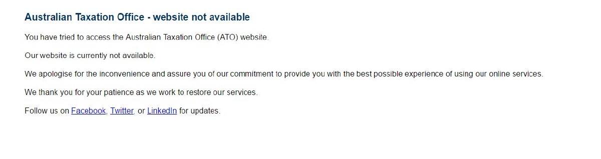 An error message on the ATO website on Thursday morning. Photo: Noel M. Towell