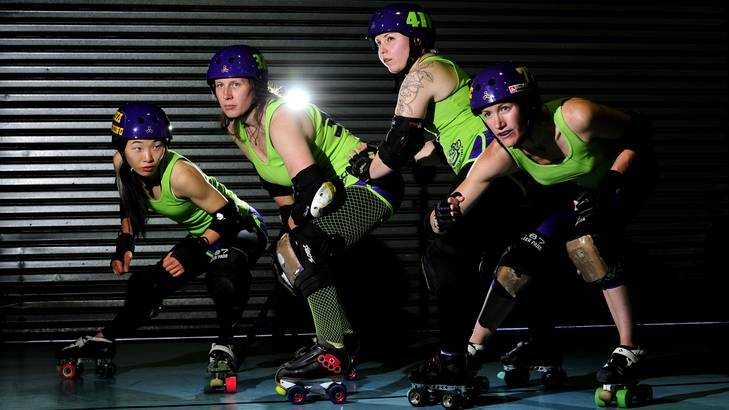 Four of Canberra's best roller derby players, Christine Murray, 27 of Spence known as "short stop" , Paula Chemello, 43 of Curtin known as " Ova Bearing", Deborah Hill, 34 of Queanbeyan known as 'Bambi" and Shannon Dillon, 34 of Gundaroo known as " Shaggle Frock" will take part in the National Roller Derby extreme in Sydney. Photo: Melissa Adams