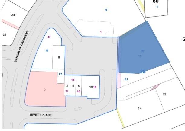 The block at the Rivett shops on which developers plan to build a child care centre, highlighted in pink, as well as the site for the withdrawn mosque bid, highlighted in blue. Photo: Supplied