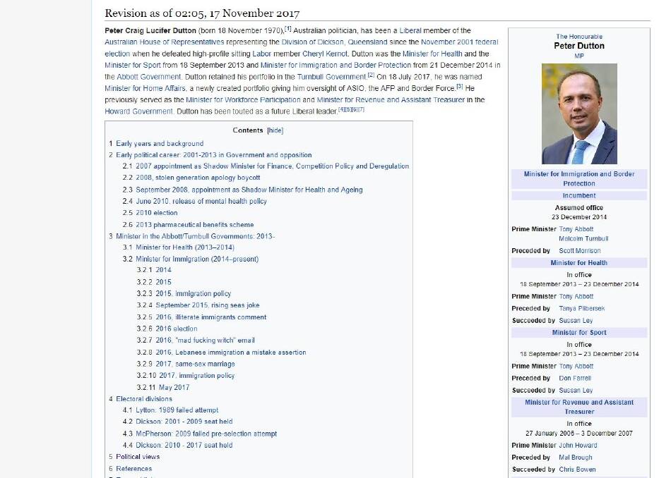 The Wikipedia edit renames Peter Dutton.