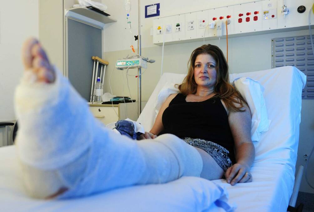 Bec Osborne broke her left leg in three places at the ObstaSplash event in Bungendore. Photo: Melissa Adams