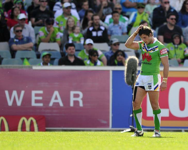 Canberra's Jarrod Croker after missing yet another conversion. Photo: Stuart Walmsley