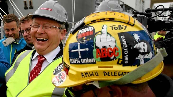Hard hat man: Mr Rudd in Williamstown on Thursday. Photo: Andrew Meares